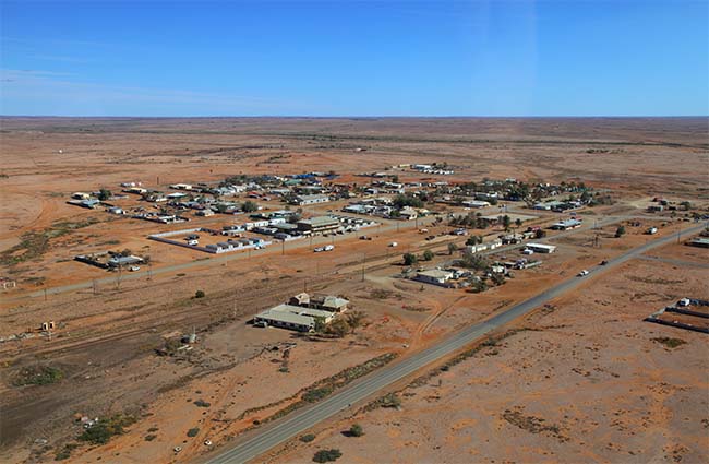 The outback town of Marree from a helicopter