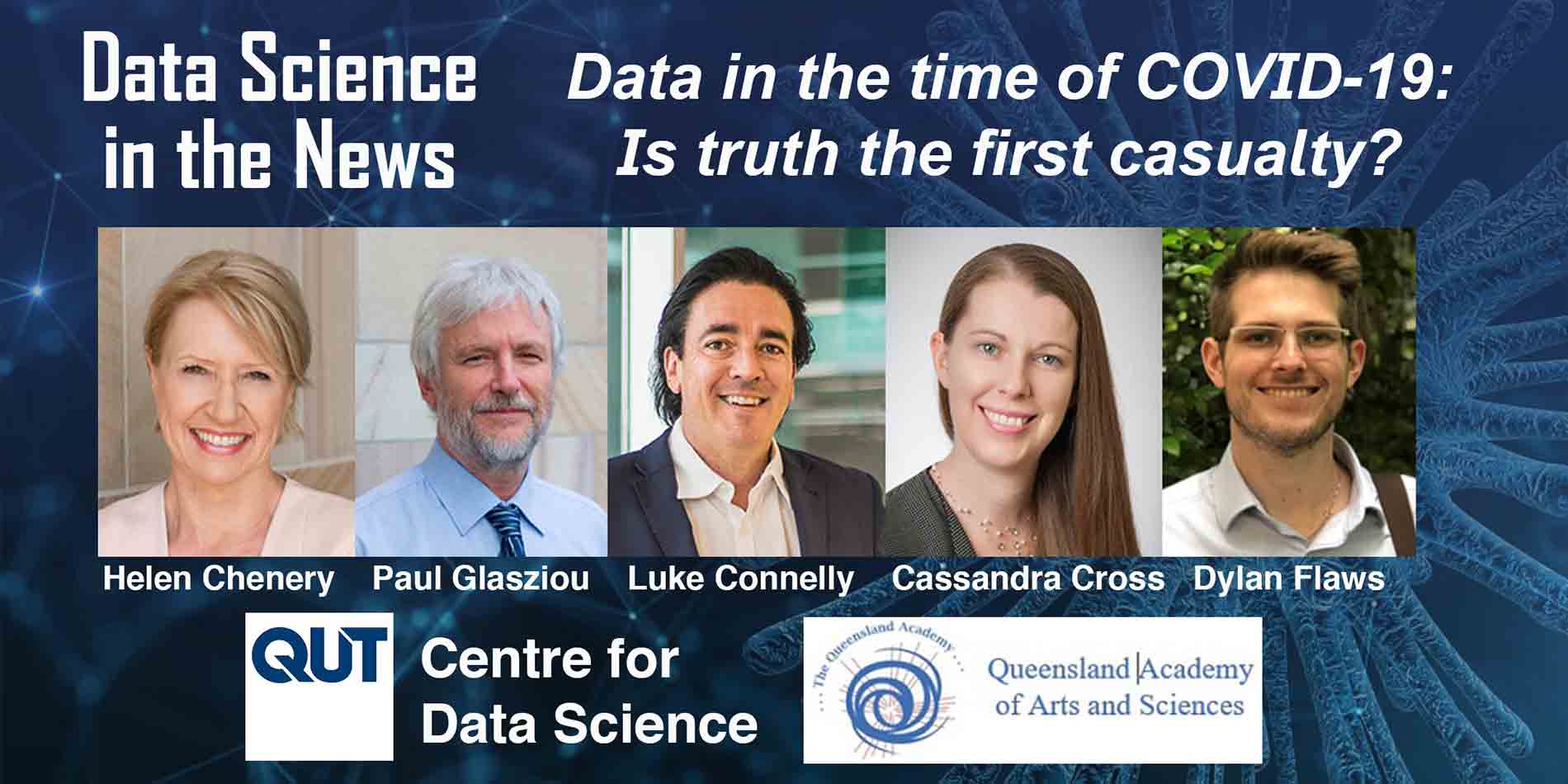 Data Science in the News event banner featuring the 5 speakers