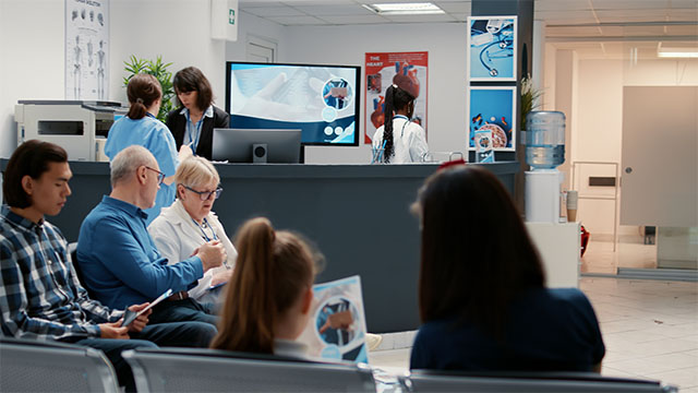 A hospital waiting room with patients calmly waiting in their chairs.  