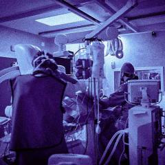 Interventional cardiologist using cardiovascular imaging system with fluoroscopic X-ray tube for interventional vascular procedures, for peripheral exams or electrophysiology. 