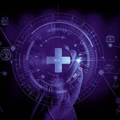 Doctor hand with stethoscope and medicine icon in hospital with medical technology network concept.