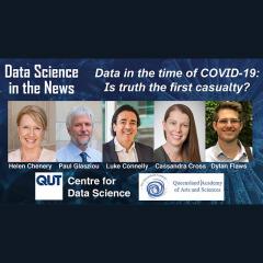 Data Science in the News event banner featuring the 5 speakers